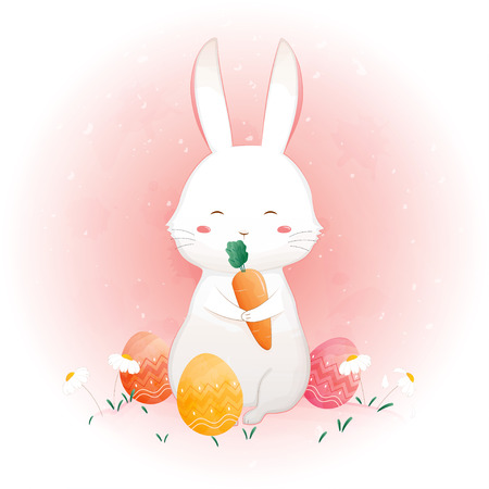Rabbit holding carrot and easter eggs in Flowersのイラスト素材
