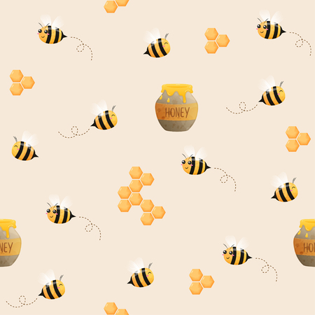 seamless pattern of Bees . Image of flying bees. The bees and honeycomb.のイラスト素材