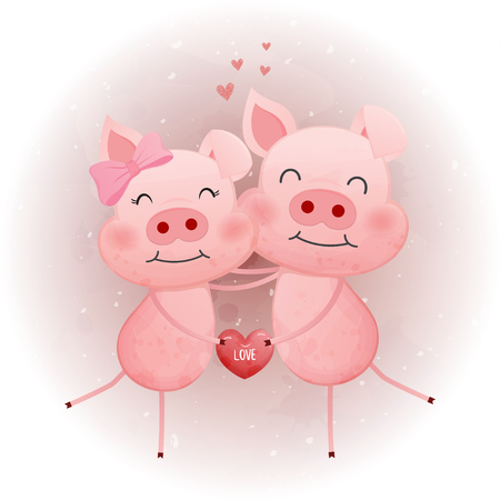 Cute pink pig character holding heart.のイラスト素材