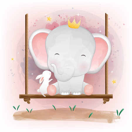 Cute baby elephant playing on the swing watercolor illustrationのイラスト素材