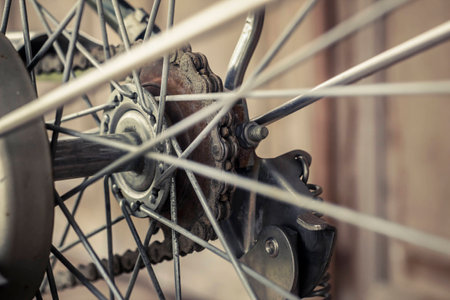 vintage bicycle on vintage wooden house. vintage tone. Thai style vintage wooden door not Wood stain. the door made of Teak wood (Tectona grandis) is Auspicious Tree in Thailandの写真素材
