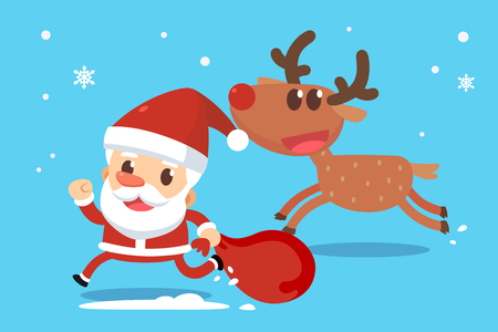 Merry Christmas. Santa Claus and his companions reindeer are running.のイラスト素材