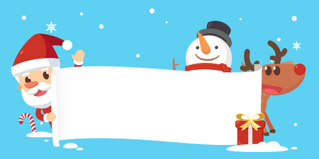Merry Christmas with Santa and friends. Santa snowman and reindeer showing a placard.のイラスト素材