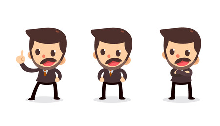 Set of tiny businessman character in actions. Speak and talk.のイラスト素材