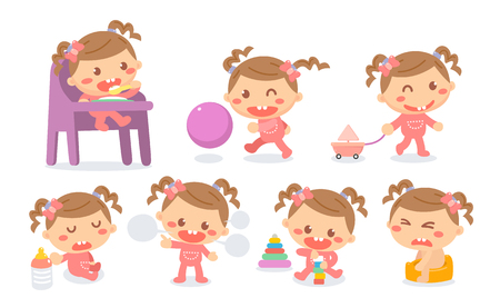Set of baby girl development stages in actions. Baby milestones.のイラスト素材