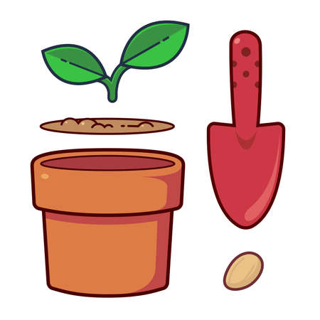 Set of cute objects about the garden, starter plants grow kit for planting the seed. Planting trees.のイラスト素材