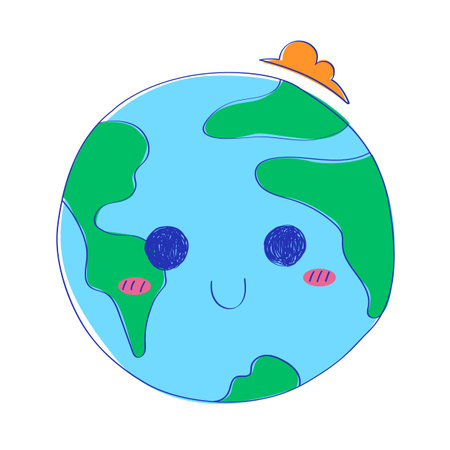 A drawing of a planet with two eyes and a hat on it. Doodle cute character of the earth. Happy world vector illustration.のイラスト素材