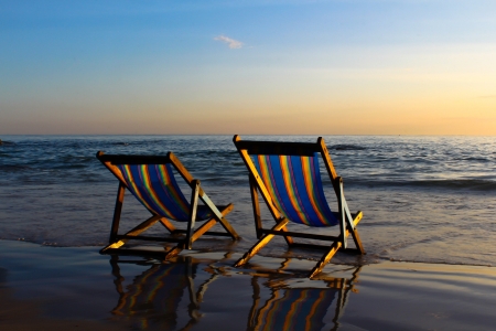 Beach Chairs at Sunrise on the beach. Huahin Thailandの写真素材