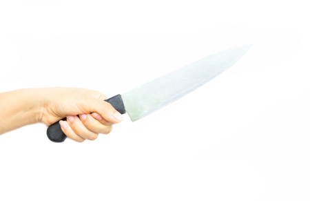 Woman hand with knife isolated on white background