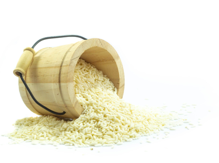 Sticky rice in wooden isolated onwhite backgroundの写真素材