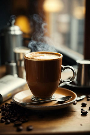 Coffee cup with steam on wooden table. Coffee shop backgroundの素材