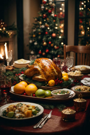Christmas dinner with roasted turkey on festive table at home. Traditional food.の素材