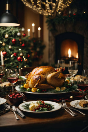 Christmas or New Year dinner. Traditional roasted turkey on festive table with Christmas decorations.の素材
