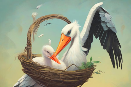 White stork with a baby in a basket. Photo in old color image style.の素材