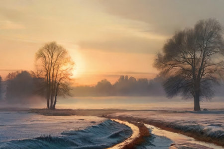 Winter landscape with a river and trees in the fog at sunrise.の素材