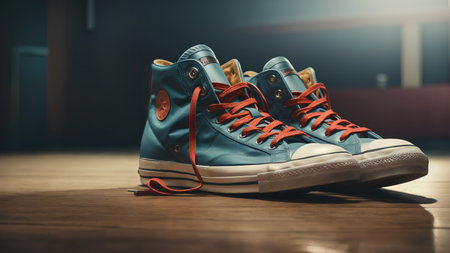 A pair of blue sneakers on a wooden floor in the gym.の素材