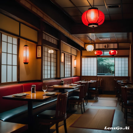 Interior of a Japanese restaurant with a red table and chairs.の素材