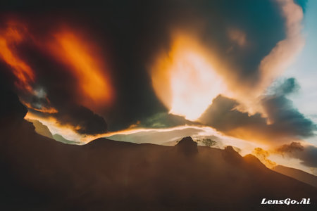 Volcanic landscape. Sunrise over the mountains. Natural background.の素材