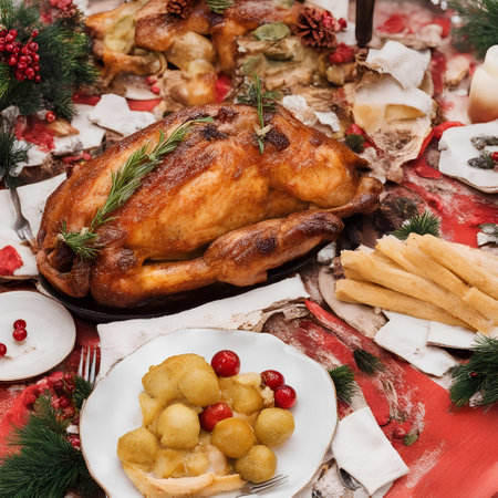 Christmas roasted turkey with potatoes on red wooden background. Top view.の素材