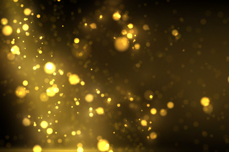 Shiny golden particles on dark. Glowing yellow bokeh abstract luxury backgroundのイラスト素材