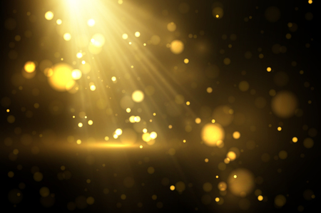 Shiny golden particles on dark. Glowing yellow bokeh abstract luxury backgroundのイラスト素材