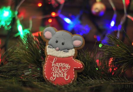 Gingerbread in the form of Christmas toys-mittens which sits a symbol of the New year-rat on the...
