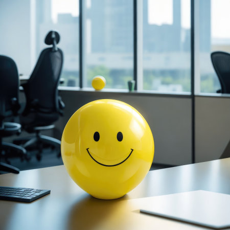 Smiling yellow ball on the table in modern office. Business conceptの素材
