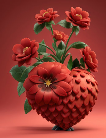 Heart made of red flowers and leaves on a red background. 3d illustrationの素材