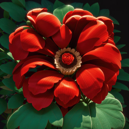 Beautiful red dahlia flower on black background. Floral backgroundの素材