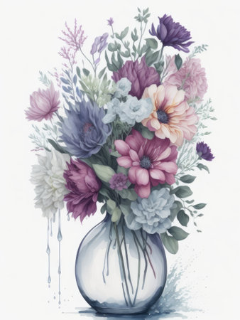 Bouquet of flowers in a vase on a white backgroundの素材