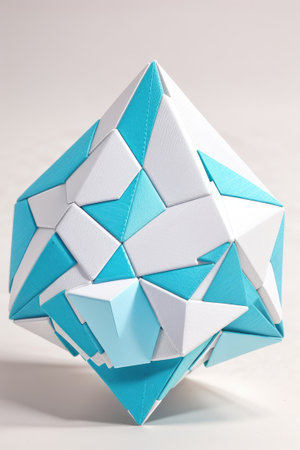 Geometric origami ball made of paper on a white background.の素材