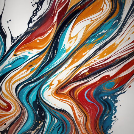 Abstract background of acrylic paints in blue, orange and red colors.の素材