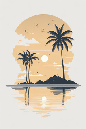 Summer time poster with palm trees and sunset. Hand drawn vector illustration.の素材