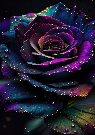 close up of a beautiful multicolored rose on a black backgroundの素材