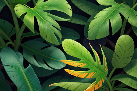 Tropical background with monstera leaves. Vector illustration for your designの素材