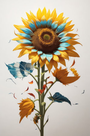 Sunflower with blue and yellow petals on a white background.の素材