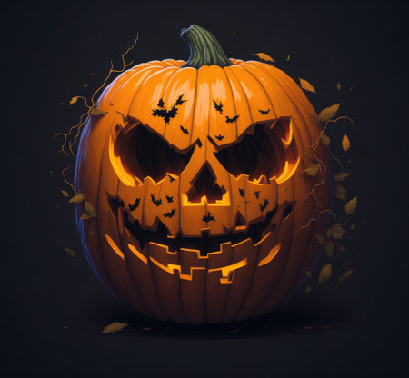 Halloween pumpkin with scary face on dark background. 3d illustrationの素材
