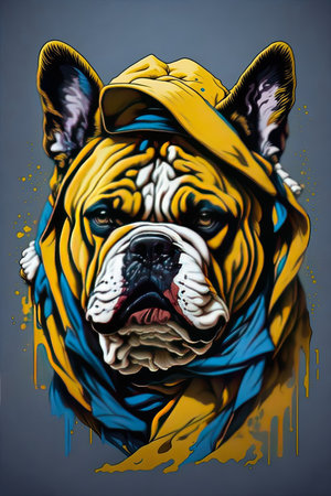 bulldog head with colored graffiti on a gray background. vector illustrationの素材