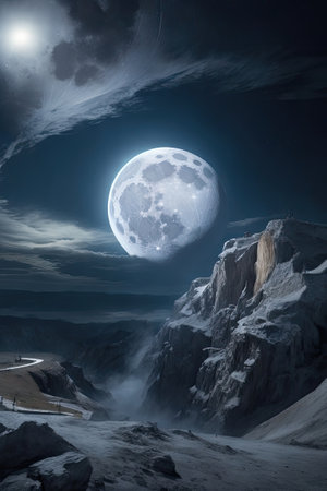 Fantasy landscape with snowy mountains and full moon. 3d renderingの素材