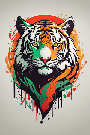 Tiger head with colorful splashes and blots. Vector illustration.の素材