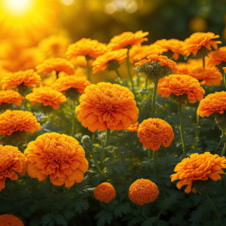 Marigold flowers in the garden at sunset. Nature background.の素材