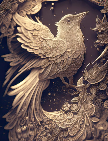 3D illustration of a fantasy gold bird on a black background.の素材