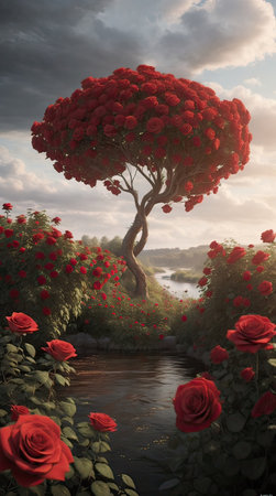 3d rendering of a big tree with red roses in the backgroundの素材