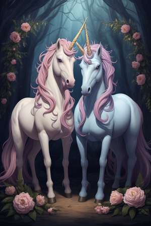 Two unicorns with pink mane and white mane standing in the forestの素材