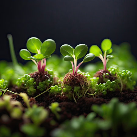 Green seedlings in soil on black background. Gardening concept.の素材