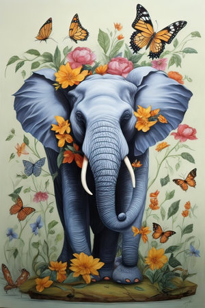 Elephant with flowers and butterflies on the background of floral paintings.の素材