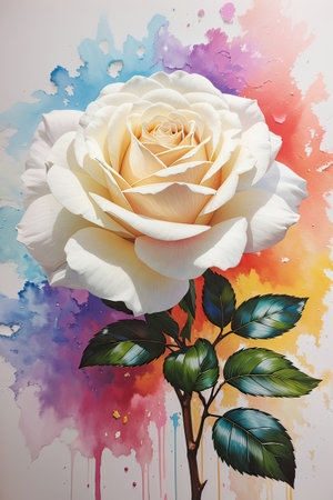 White rose on colorful watercolor background. Close-up image.の素材