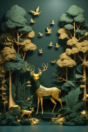 3d rendering of golden deer in the forest with flying birds.の素材