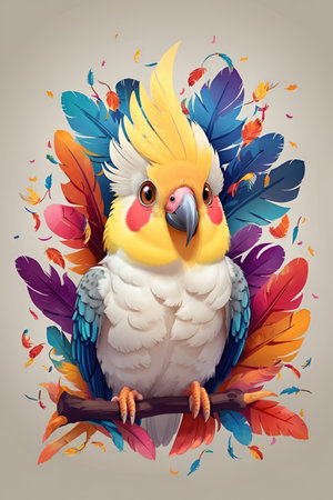 Cockatoo with colorful feathers on gray background, vector illustrationの素材