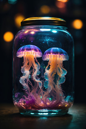 Jellyfish in a glass jar on the background of bokehの素材